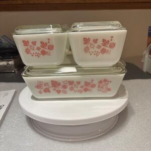 Vintage Pink Gooseberry Pyrex Refrigerator Dish Set with Lids 501 (2), 502, 503